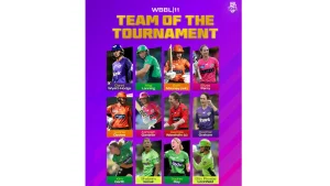 WBBL|11 Team of the Tournament featuring standout women cricketers including Ellyse Perry, Meg Lanning, Beth Mooney, and others from the 2025 Women’s Big Bash League season.