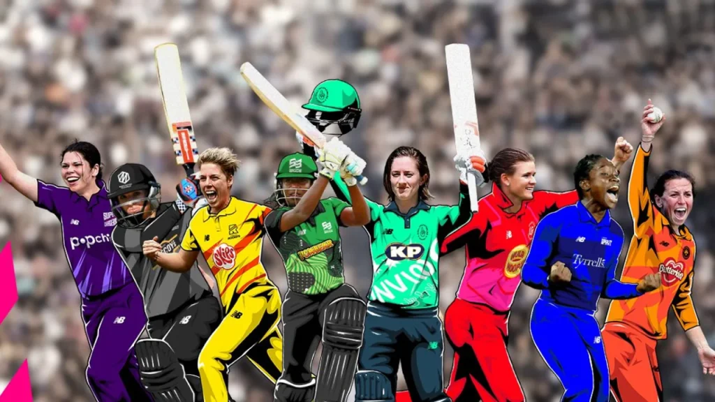 Illustration of women cricketers from various teams celebrating in The Hundred tournament, wearing colorful team kits