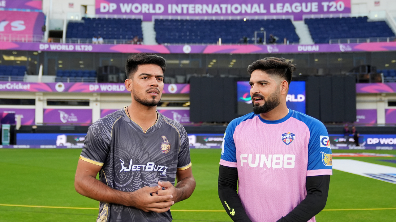Abdul Manan of Abu Dhabi Knight Riders and Usman Najeeb of Dubai Capitals during the Eliminator match of DP World International League T20 Season 4 in Dubai.