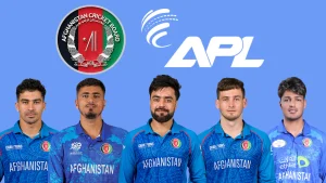 Afghanistan cricketers Rashid Khan, Noor Ahmad, Mujeeb Ur Rahman, Rahmanullah Gurbaz, and Allah Mohammad Ghazanfar pose in national jerseys with Afghanistan Cricket Board and APL logos in the background.