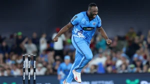 Andre Russell celebrates taking a wicket for Pretoria Capitals against MI Cape Town in a SA20 cricket match.