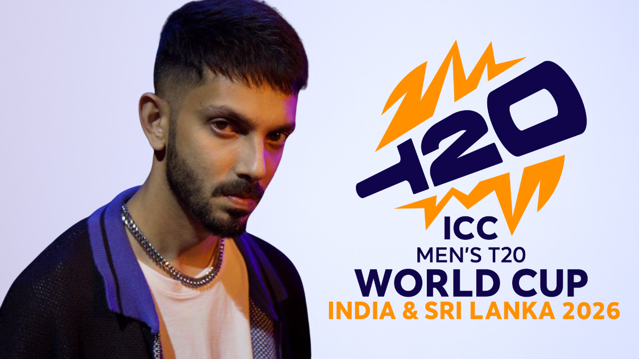 Anirudh Ravichander with ICC Men's T20 World Cup 2026 logo, hosted by India and Sri Lanka
