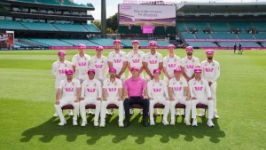 Australian men's cricket team wearing pink caps for the McGrath Foundation during the Pink Test at Sydney Cricket Ground