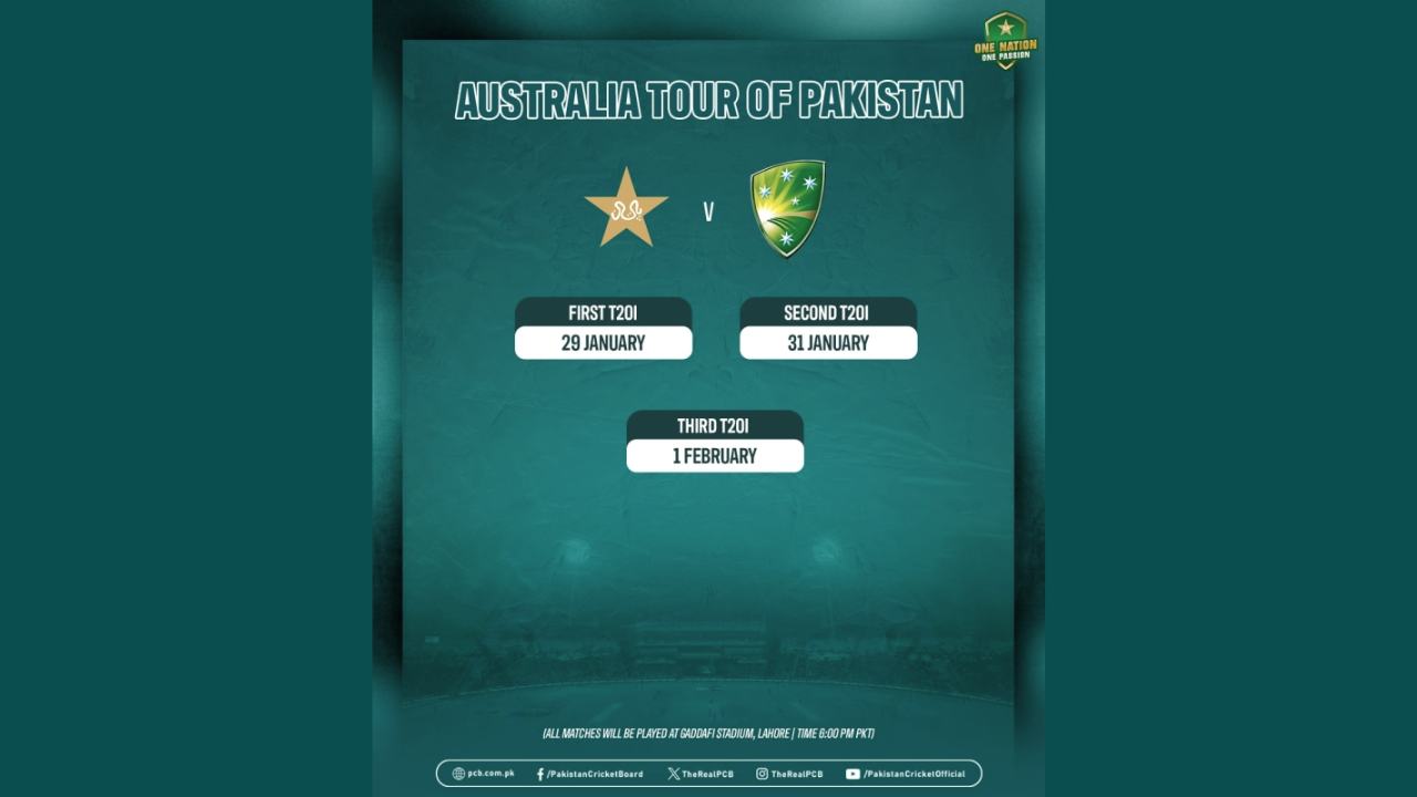 Australia tour of Pakistan 2026 T20I series schedule featuring three matches on January 29, January 31, and February 1 at Gaddafi Stadium, Lahore.