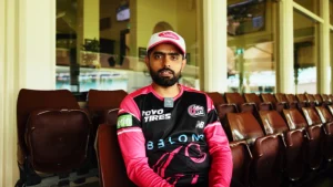 Babar Azam wearing Sydney Sixers jersey during an interview at the stadium for BBL 2025–26 season