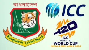 Logos of Bangladesh Cricket Board, ICC, and ICC Men's T20 World Cup 2026 hosted in India and Sri Lanka, symbolizing Bangladesh's participation in the tournament.