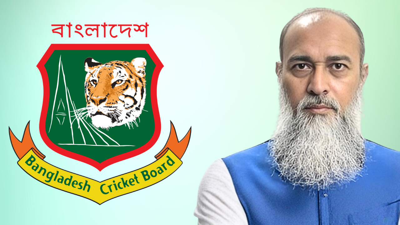 Najmul Islam standing next to the Bangladesh Cricket Board (BCB) logo on a light green background