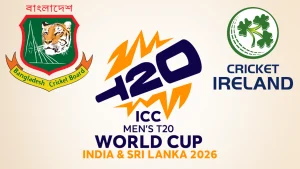 Logos of Bangladesh Cricket Board (BCB), Cricket Ireland, and ICC Men's T20 World Cup 2026 hosted by India and Sri Lanka.