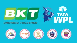 BKT Tyres and Tata WPL logos displayed above logos of all Women's Premier League (WPL) teams: Mumbai Indians, Gujarat Giants, Royal Challengers Bangalore, Delhi Capitals, and UP Warriorz.