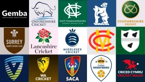 A collage of various county and domestic cricket club logos from England, Wales, and Australia, including Lancashire Cricket, Middlesex Cricket, Surrey, Cricket Wales, and WA Cricket.