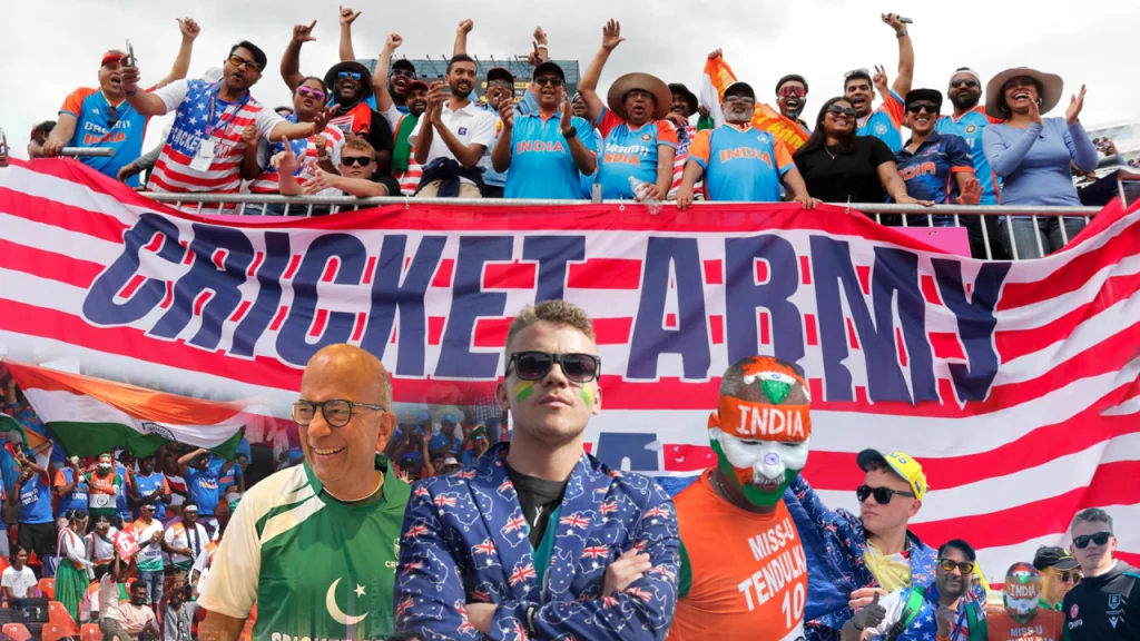 Crickbuster clients cheering during the India vs Pakistan match at the ICC T20 World Cup 2024 in New York, showcasing passionate fans and vibrant crowd atmosphere