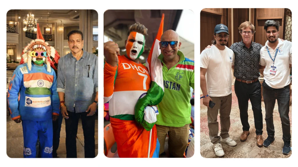 Crickbuster fans enjoying insider access and meeting celebrities during the ICC Men’s World Cup 2023 in India, including interactions with Ravi Shastri and superfans