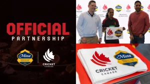 Cricket Canada announces official partnership with Mina Halal, featuring logos, team representatives, and co-branded promotional materials in 2026.
