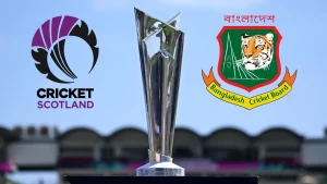 T20 World Cup 2026 trophy with logos of Cricket Scotland and Bangladesh Cricket Board (BCB) displayed on either side