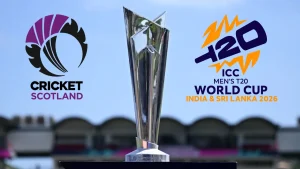 Cricket Scotland logo displayed alongside the ICC Men’s T20 World Cup 2026 logo and trophy, representing Scotland's participation in the tournament.