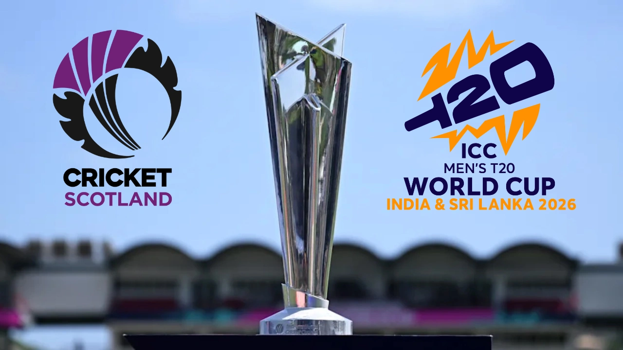 Cricket Scotland logo displayed alongside the ICC Men’s T20 World Cup 2026 logo and trophy, representing Scotland's participation in the tournament.