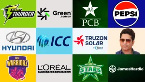 Logos of cricket teams and sponsors including Sydney Thunder, Melbourne Stars, ICC, PCB, Pepsi, Hyundai, and Sachin Tendulkar
