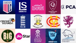Collage of global cricket team and organization logos including Major League Cricket, London Spirit, ECB, MCC, Queensland Cricket, Cricket Uganda, Rajasthan Royals Academy, and others from leagues and clubs worldwide in 2026.
