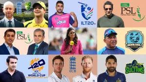 Collage of cricket tournaments and personalities including PSL, ILT20, ICC T20 World Cup 2026, and ECB, featuring players, coaches, and officials from various teams and leagues.