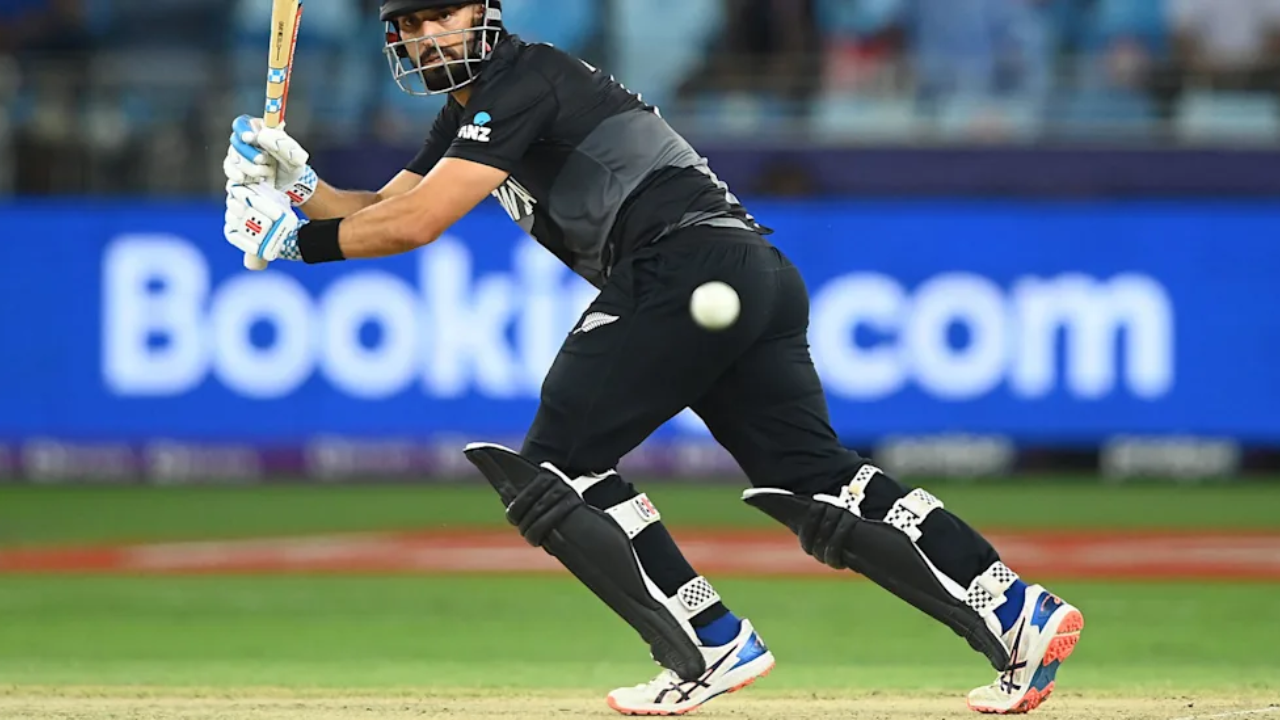 Daryl Mitchell of New Zealand plays a shot during a T20 World Cup cricket match