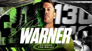 David Warner announces contract extension with Sydney Thunder for BBL16, featured in a bold promotional graphic with green and black theme
