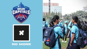 Delhi Capitals women players wearing branded backpacks during a team event, alongside Delhi Capitals and NO More campaign logos.