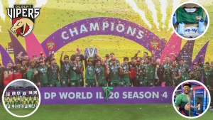 Desert Vipers celebrate winning ILT20 Season 4 in 2026, lifting trophy as champions with team and sponsors featured