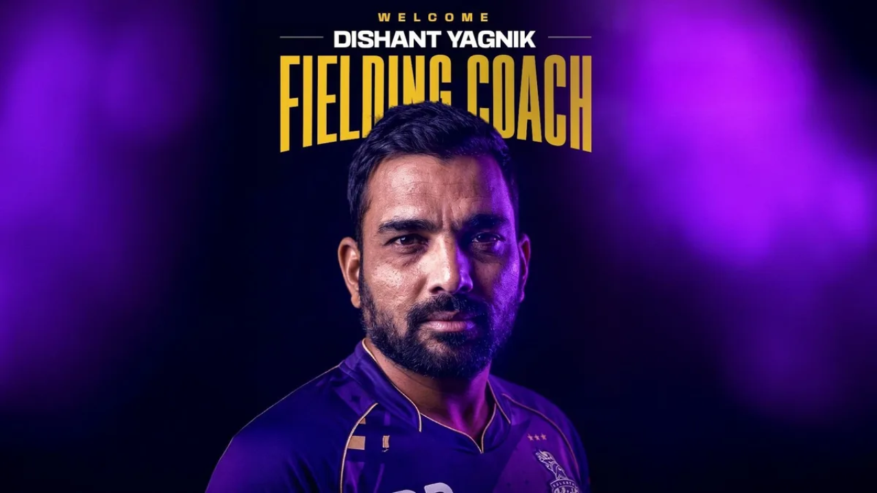 Dishant Yagnik announced as fielding coach for Kolkata Knight Riders in a promotional graphic with purple background