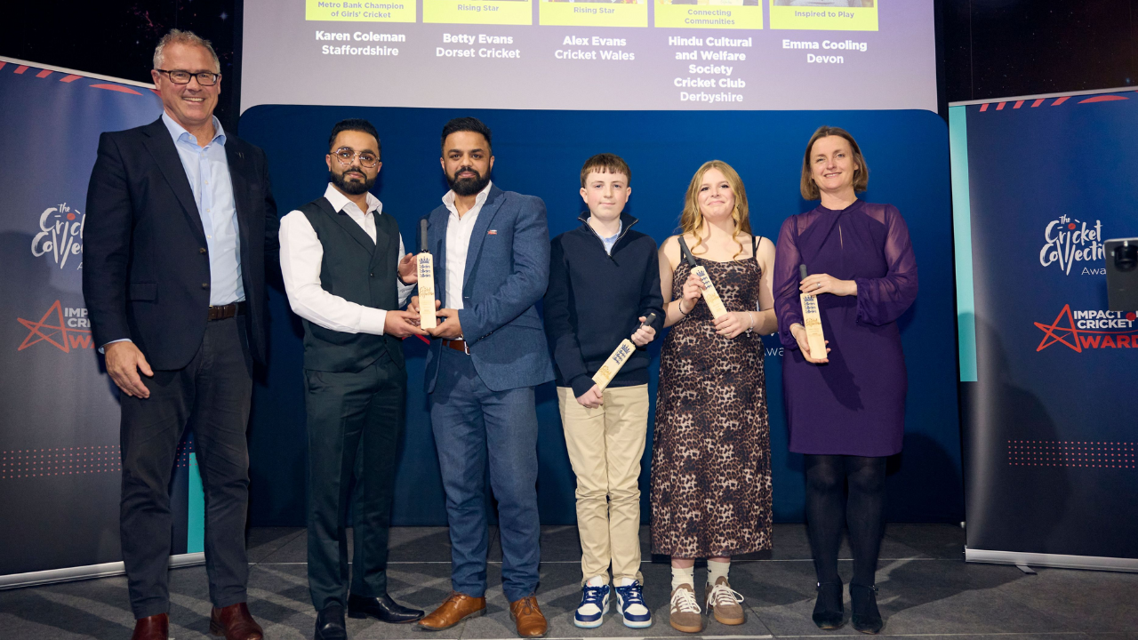Winners posing with trophies at the 2026 ECB Impact of Cricket Awards ceremony