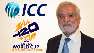 Ehsan Mani standing beside ICC and T20 World Cup 2026 logos for the tournament hosted in India and Sri Lanka.