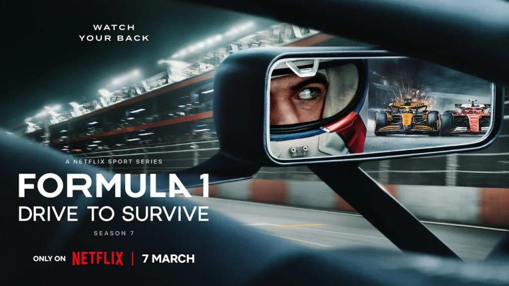 Promotional poster for Formula 1: Drive to Survive Season 7 on Netflix, featuring a driver’s rearview mirror reflecting F1 cars and the tagline “Watch Your Back”