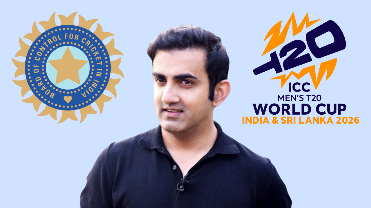 Gautam Gambhir with BCCI logo and ICC T20 World Cup 2026 India and Sri Lanka branding in the background