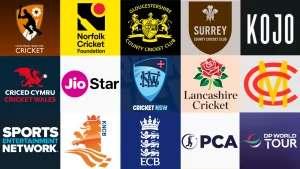 Logos of various cricket boards and sports organizations including ECB, Cricket NSW, MCC, Cricket Wales, Norfolk Cricket Foundation, and DP World Tour