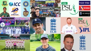 Collage featuring global cricket elements including ICC T20 World Cup 2026, PSL, IPL, ECB logos, players, fans, and team moments