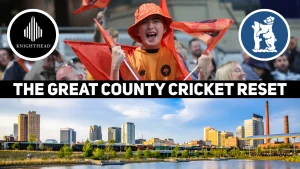 Excited cricket fan in Birmingham Phoenix kit with Knighthead and Birmingham Bears logos above the text "The Great County Cricket Reset", over a cityscape of Birmingham, UK.