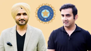 Harbhajan Singh and Gautam Gambhir standing in front of the BCCI logo, representing Indian cricket icons