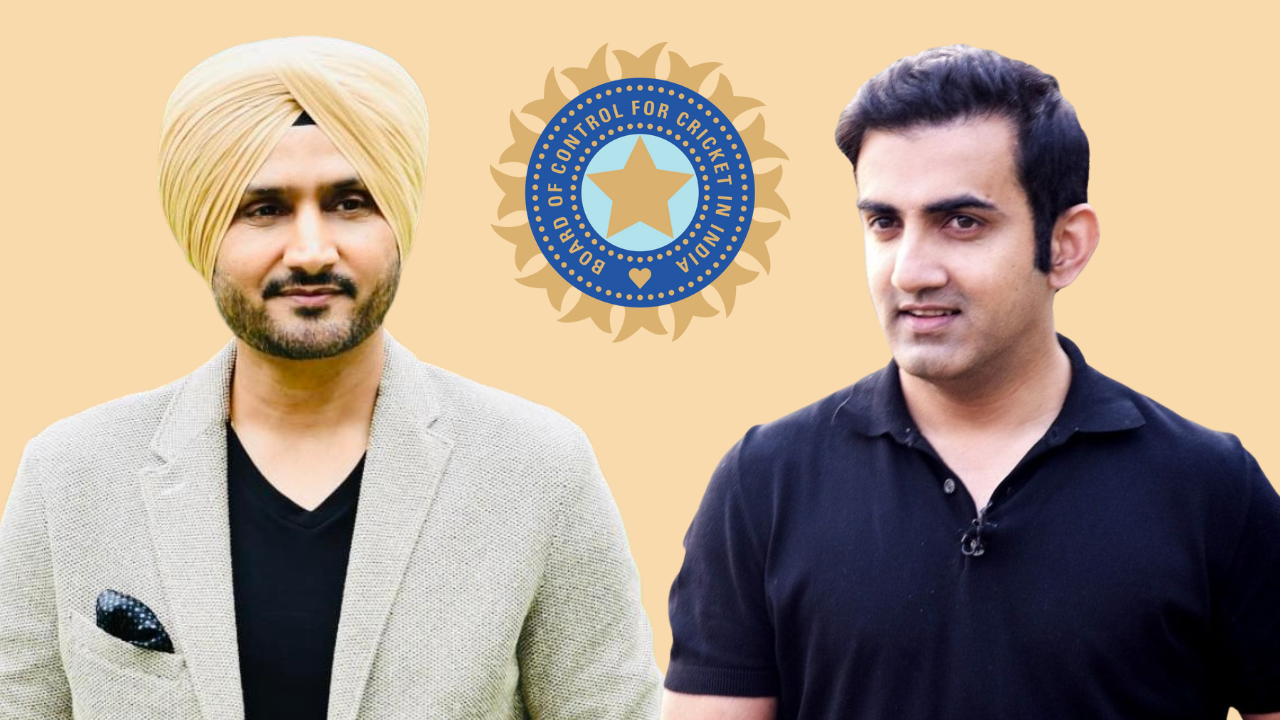 Harbhajan Singh and Gautam Gambhir standing in front of the BCCI logo, representing Indian cricket icons