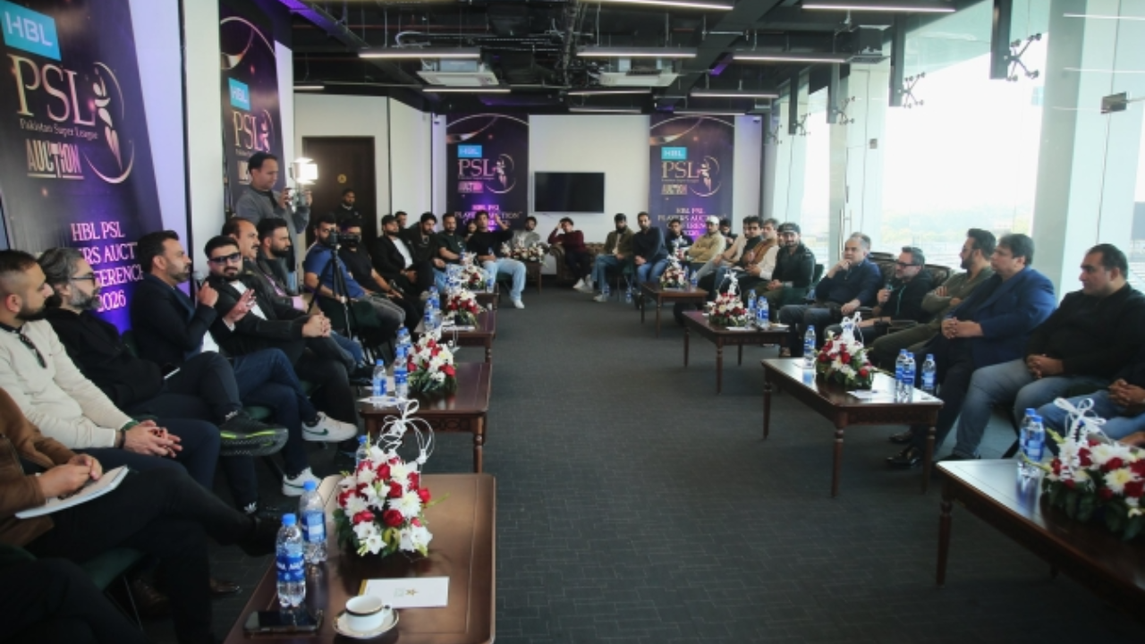 Officials, franchise representatives, and media personnel attend the HBL PSL 2026 players auction workshop in a formal conference room setup.