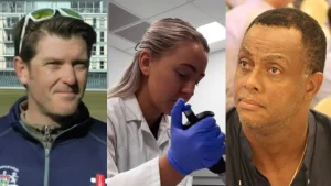 Collage featuring Ian Harvey in cricket attire, Rachel Chesters working in a lab, and Courtney Walsh attending an event
