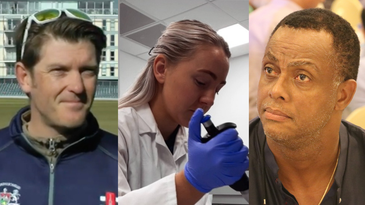 Collage featuring Ian Harvey in cricket attire, Rachel Chesters working in a lab, and Courtney Walsh attending an event