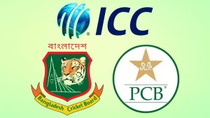 Logos of the International Cricket Council (ICC), Bangladesh Cricket Board (BCB), and Pakistan Cricket Board (PCB) displayed on a gradient background.
