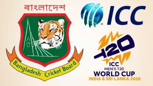Logos of the ICC, Bangladesh Cricket Board (BCB), and the ICC Men's T20 World Cup 2026 hosted by India and Sri Lanka.