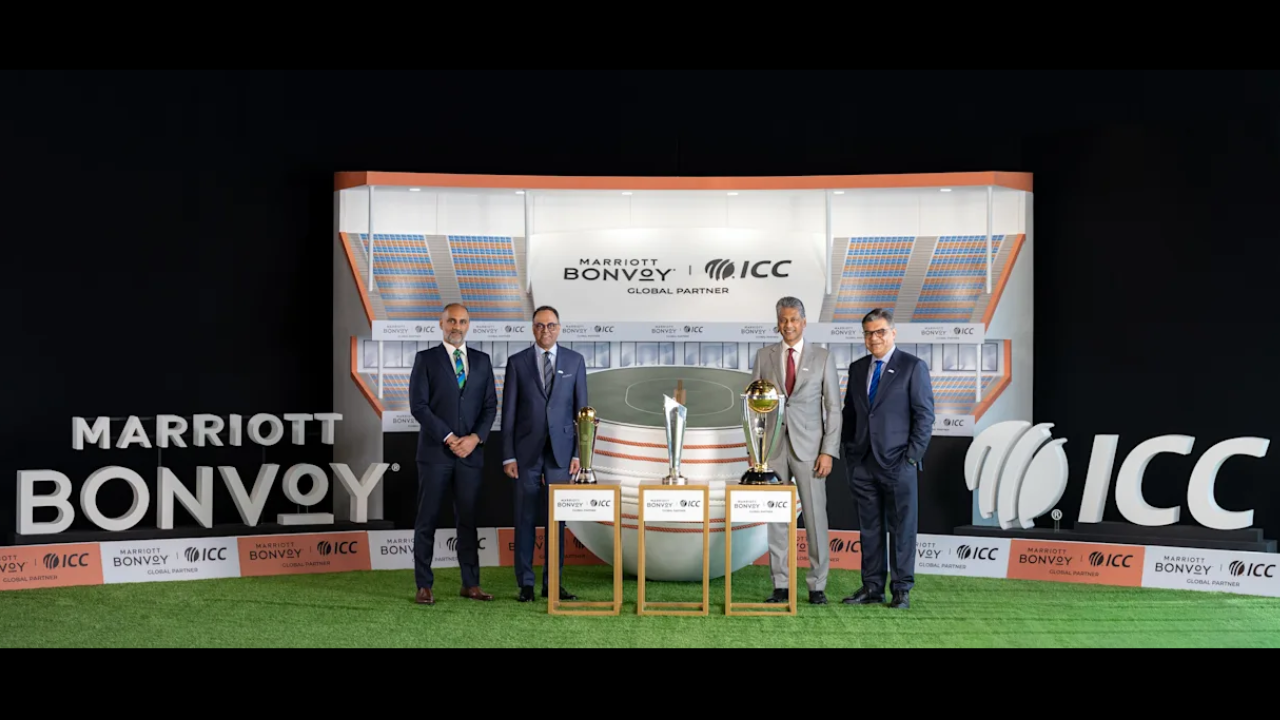 ICC and Marriott Bonvoy executives at global partnership launch event with ICC trophies on display in 2025