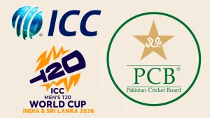 Logos of ICC, Pakistan Cricket Board, and ICC Men's T20 World Cup 2026 hosted by India and Sri Lanka
