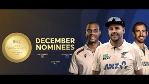 ICC Player of the Month December 2025 nominees featuring Mitchell Starc, Jacob Duffy, and Justin Greaves