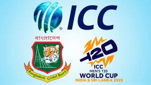 ICC Men’s T20 World Cup 2026 logo with Bangladesh Cricket Board (BCB), ICC, and BCCI logos representing the tournament hosted by India and Sri Lanka