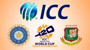 ICC T20 World Cup 2026 logo with BCCI, Bangladesh Cricket Board, and ICC logos representing the tournament hosted by India and Sri Lanka