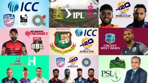 Collage featuring logos of global cricket leagues and boards including ICC, PSL, BBL, IPL, USA Cricket, and teams like Multan Sultans, along with players and promotional content for the ICC Men's T20 World Cup 2026 in India and Sri Lanka.