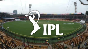 View of M. Chinnaswamy Stadium in Bangalore with the IPL logo overlaid, showcasing the iconic Indian Premier League cricket venue.