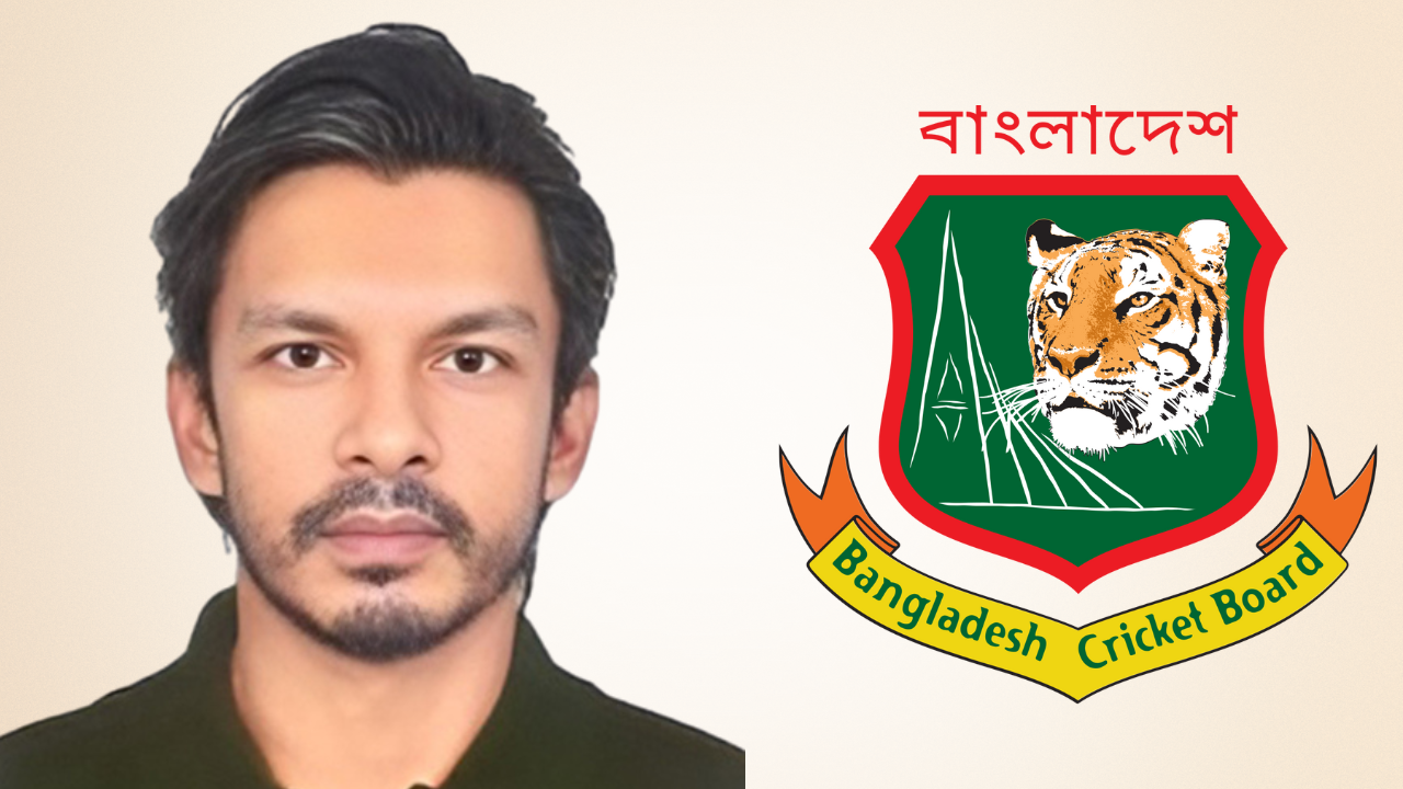 Ishtiaque Sadeque alongside the logo of the Bangladesh Cricket Board (BCB)